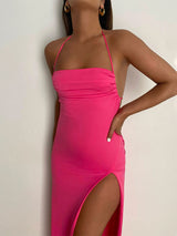 Solid Color Halter Slit Maxi Dress - View 6 | Lwiis
