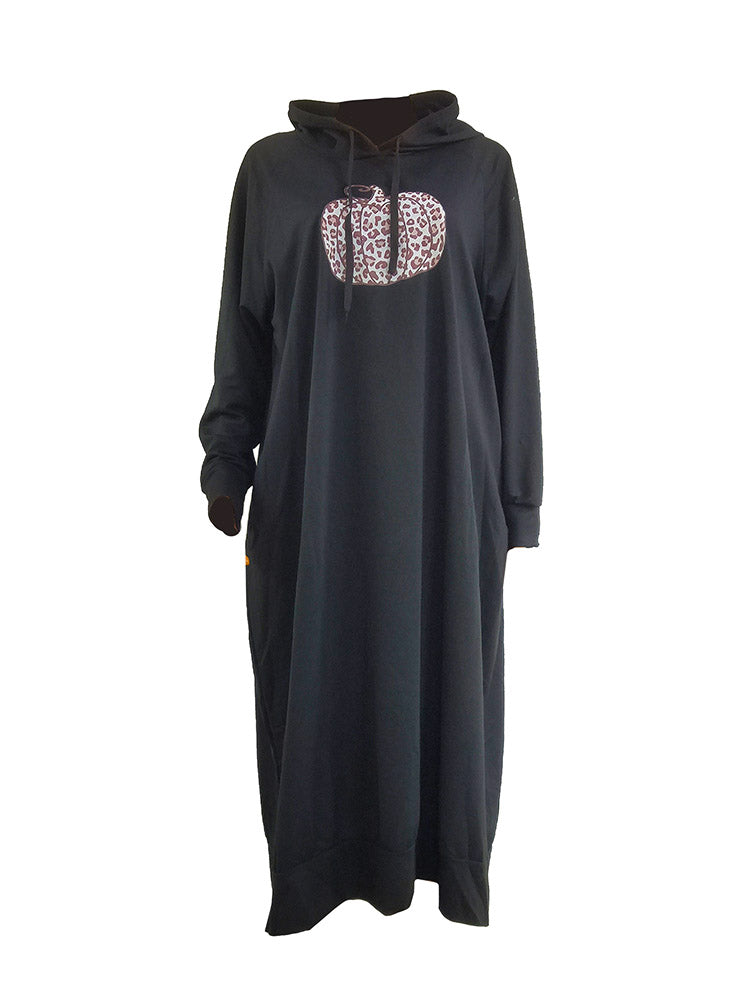 Black hooded midi dress with a pumpkin graphic print and leopard pattern, displayed flat.