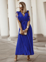 V-neck pleated maxi dress with ruffled trim and belted waist - View 12 | Lwiis