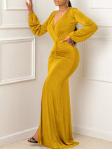 V-neck ruched maxi dress with slit - View 8 | Lwiis