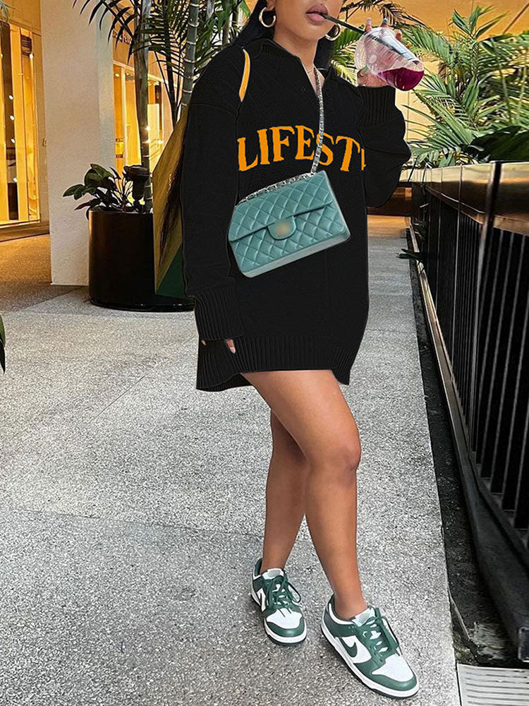 Oversized Letter Graphic Sweater Dress - View 8 | Lwiis