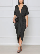 V Neck Ruched Midi Dress with Slit - View 10 | Lwiis