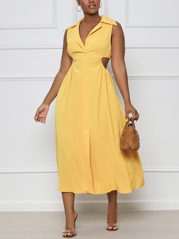 Collared Midi Dress with Side Cut-Out - View 8 | Lwiis
