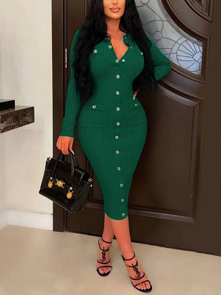 Woman wearing a long-sleeved, ribbed knit midi dress with a V-neck and button-front closure in emerald green.