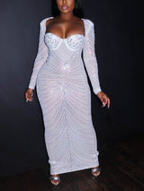 Mesh Embellished Long Sleeve Gown - View 9 | Lwiis