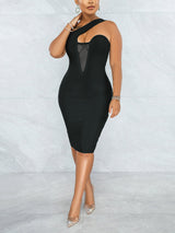 Woman wearing a black one-shoulder bodycon dress with mesh inset