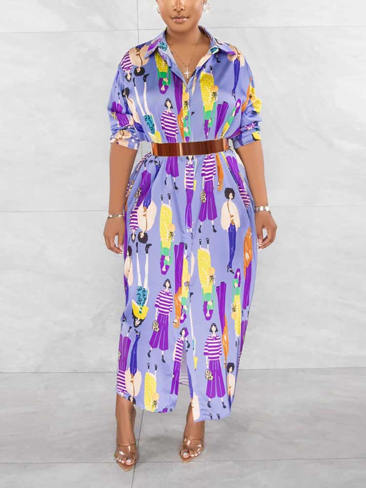 Woman wearing a long, light purple collared shirt dress with a colorful graphic print of people, cinched with a brown belt.