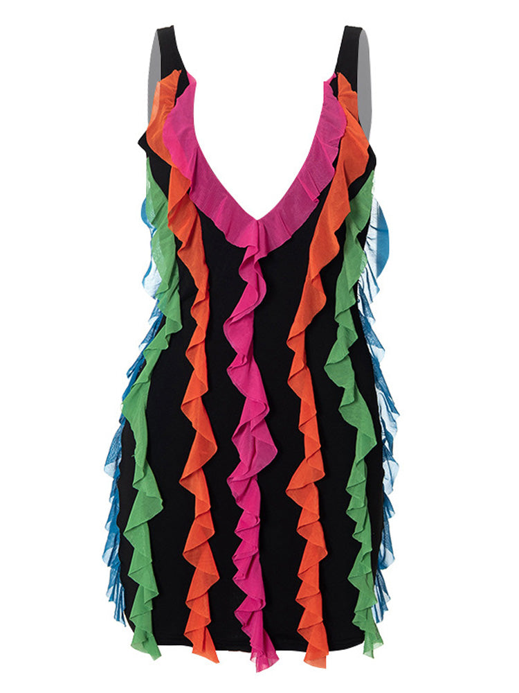 Ruffled V-Neck Mini Dress - View 8 | Lwiis