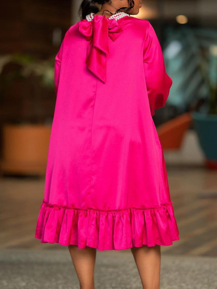 Pearl Embellished Mock Neck Ruffle Dress - View 9 | Lwiis