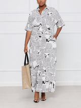 Woman wearing a white and black newspaper print maxi dress with short sleeves and a collared neckline.