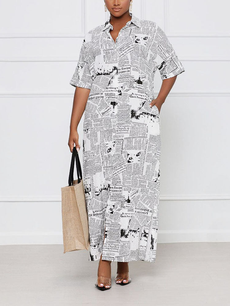 Woman wearing a white and black newspaper print maxi dress with short sleeves and a collared neckline.