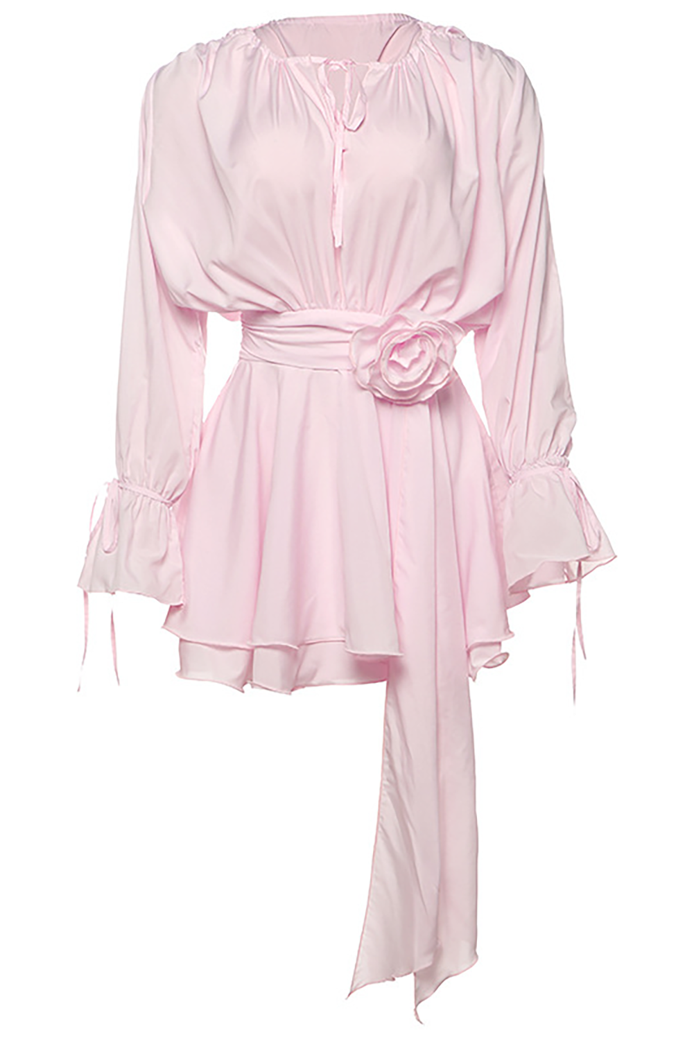 Pink chiffon mini dress with a floral applique at the waist, tie-neck, and ruffled cuffs.