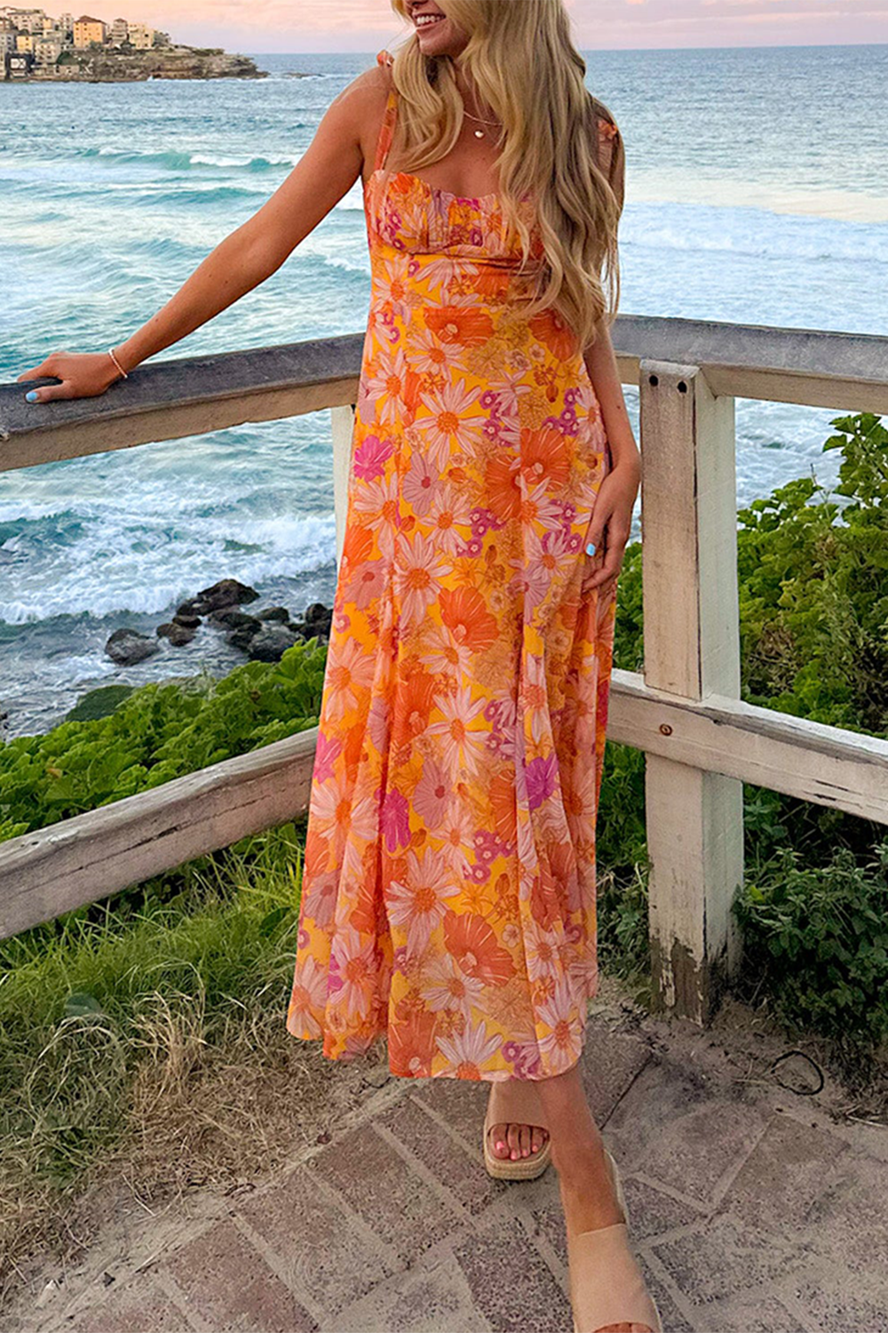 Floral print A-line midi dress with tie shoulder straps - View 7 | Lwiis