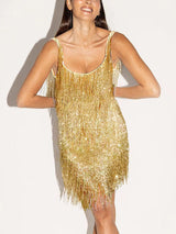 Sequin fringe mini dress with spaghetti straps and scoop neckline - View 7 | Lwiis