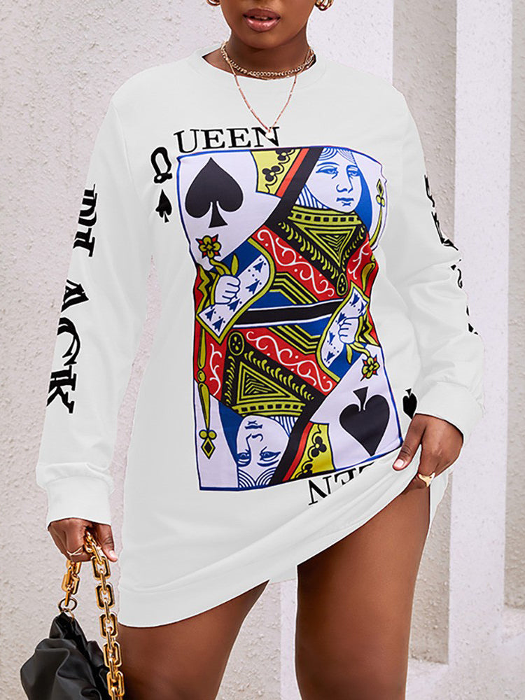 Close-up of the white long-sleeve dress with the Queen of Spades graphic print