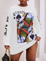 Close-up of the white long-sleeve dress with the Queen of Spades graphic print
