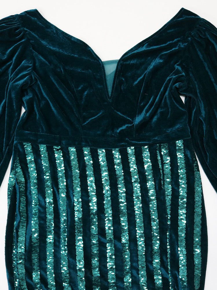 Green sequin maxi party dress with velvet bodice and bishop sleeves - View 6 | Lwiis
