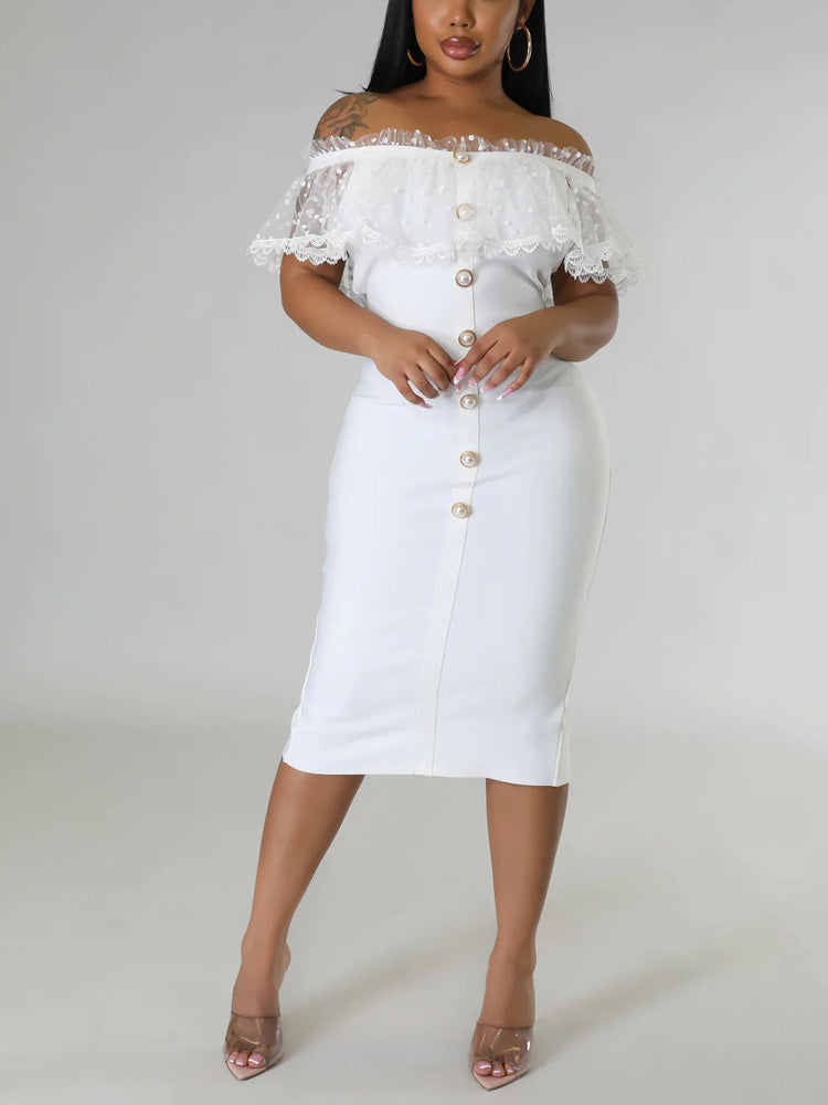 Woman in a white off-the-shoulder midi dress, front view.