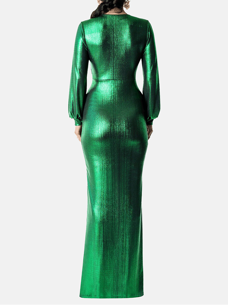 Lantern Sleeve Split Maxi Dress in Green - View 7 | Lwiis