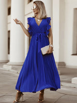 V-neck pleated maxi dress with ruffled trim and belted waist - View 13 | Lwiis