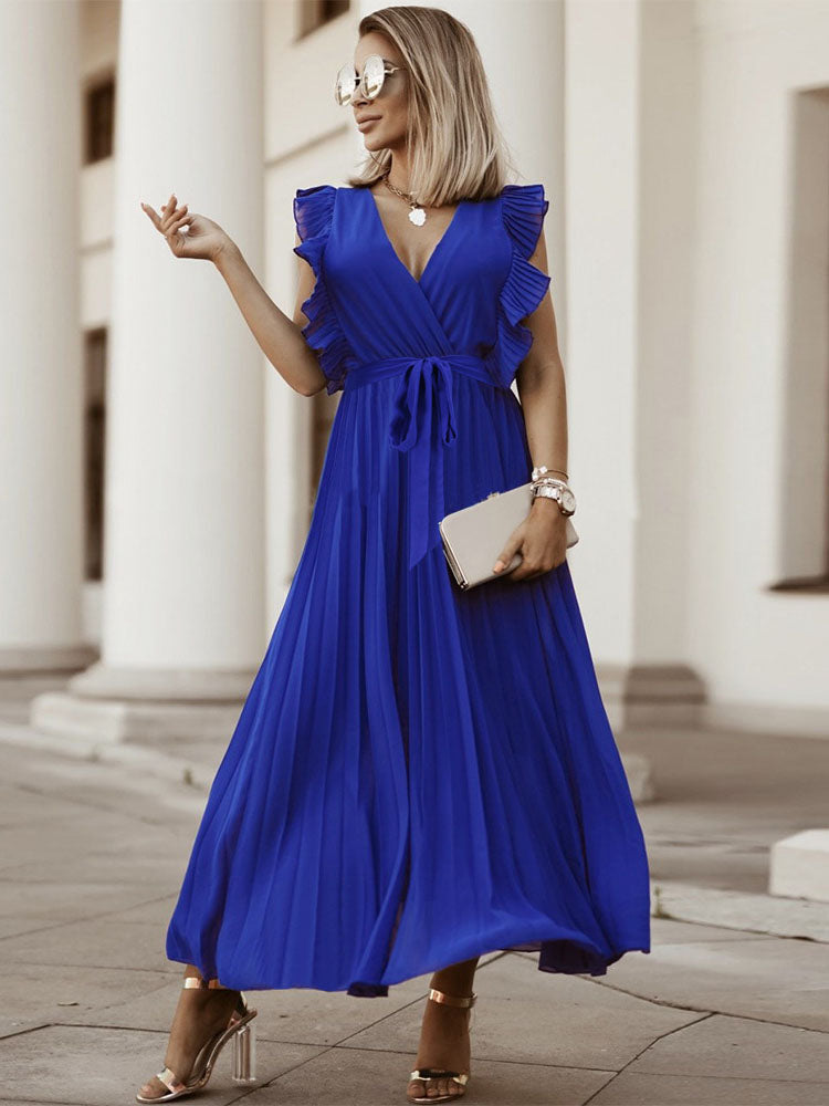 V-neck pleated maxi dress with ruffled trim and belted waist - View 13 | Lwiis