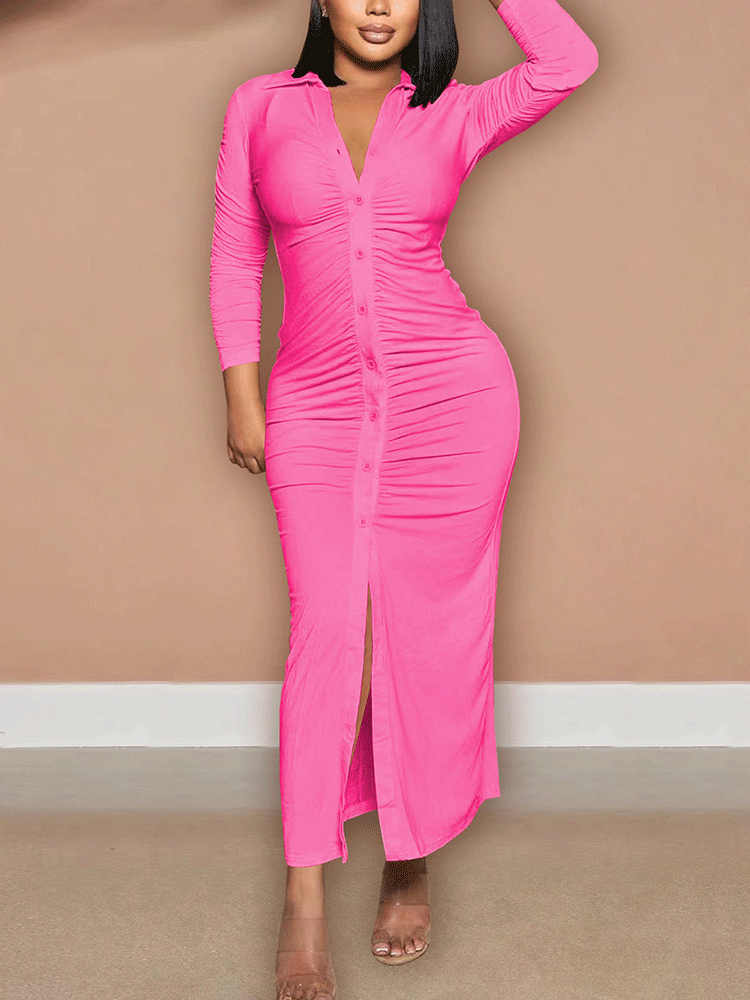 Solid Ruched Button Maxi Dress - View 11 | Lwiis