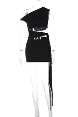 mannequin displaying a black one-shoulder asymmetrical cut-out mini dress with a waist tie