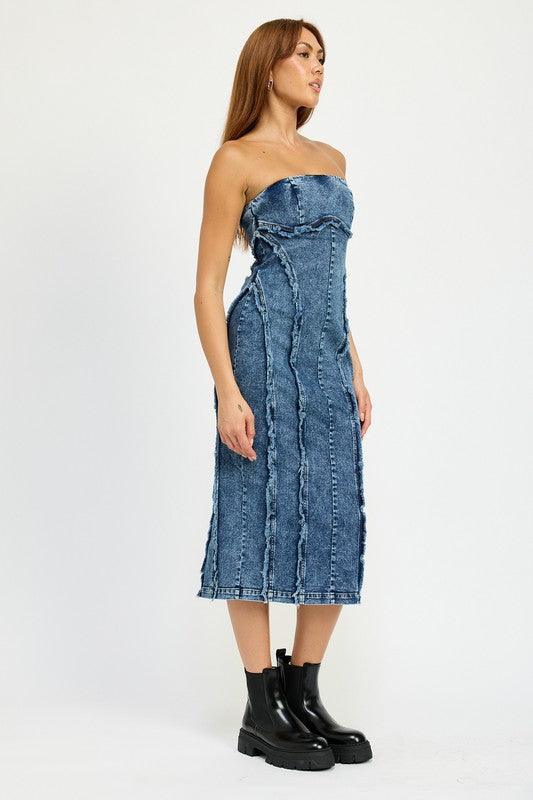 Strapless denim midi dress with frayed hem - View 6 | Lwiis