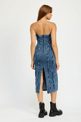 Strapless denim midi dress with frayed hem - View 7 | Lwiis