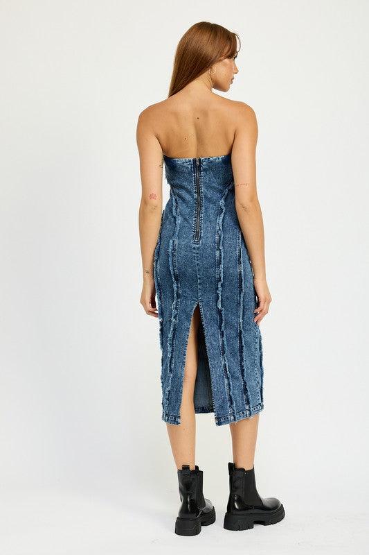 Strapless denim midi dress with frayed hem - View 7 | Lwiis