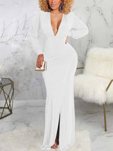 Long Sleeve V-Neck Floor Length Dress - View 9 | Lwiis