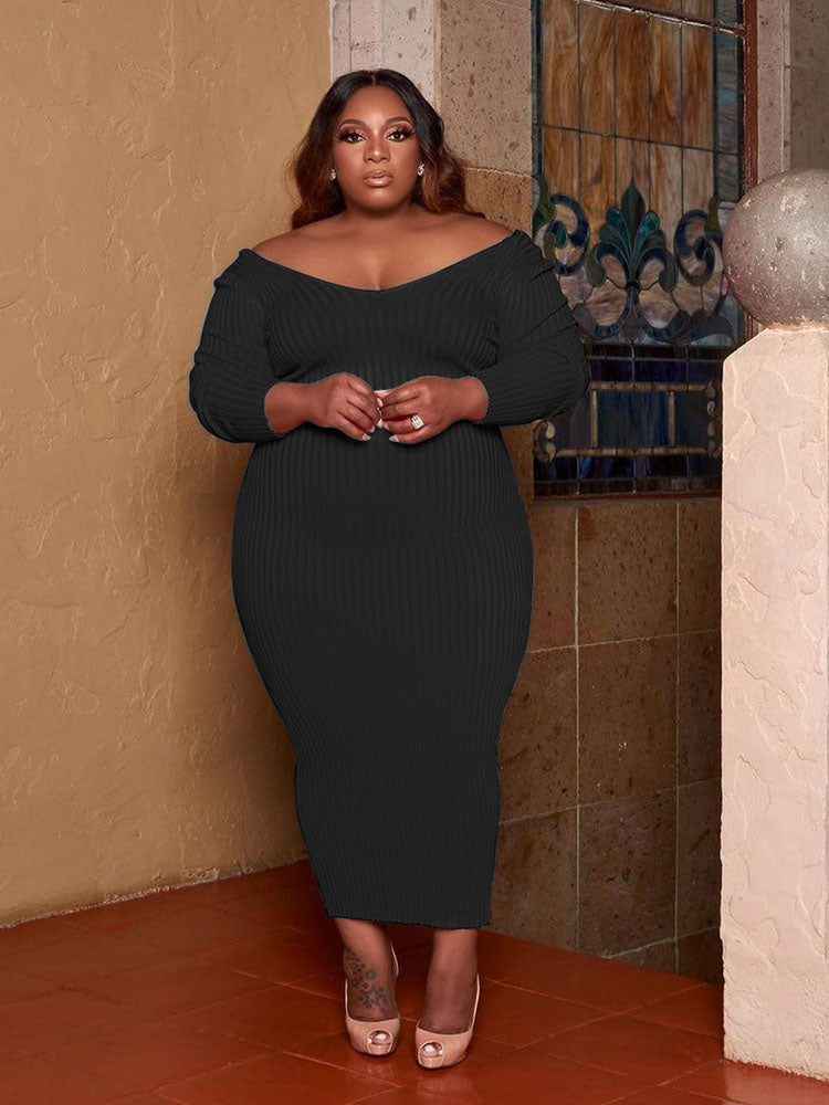 Ribbed V-Neck Long Sleeve Midi Dress - View 7 | Lwiis