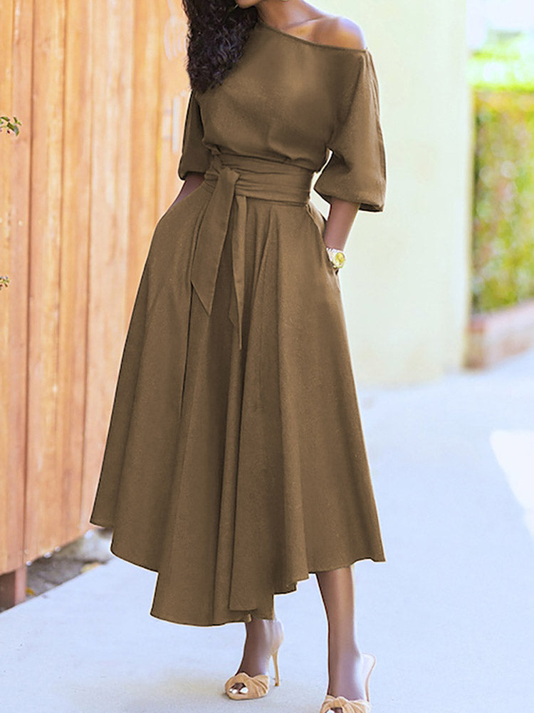 Oblique Neckline Maxi Dress with Belt - View 8 | Lwiis