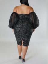 Sequin Midi Dress with Puff Sleeves - View 11 | Lwiis