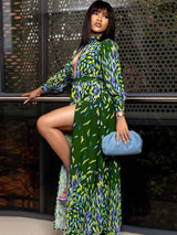 Feather print maxi dress with keyhole neckline and long sleeves - View 8 | Lwiis