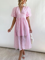 Plaid V-Neck Midi Dress - View 19 | Lwiis