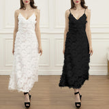 Split image showing a woman wearing a white feather-trimmed midi dress on the left and a black feather-trimmed midi dress on the right.