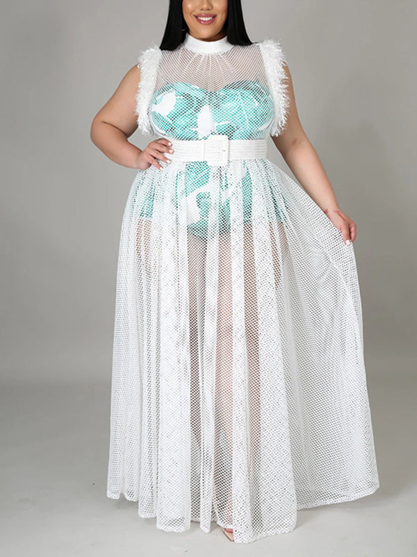 Printed mesh maxi dress set with leopard print top and wide belt - View 10 | Lwiis