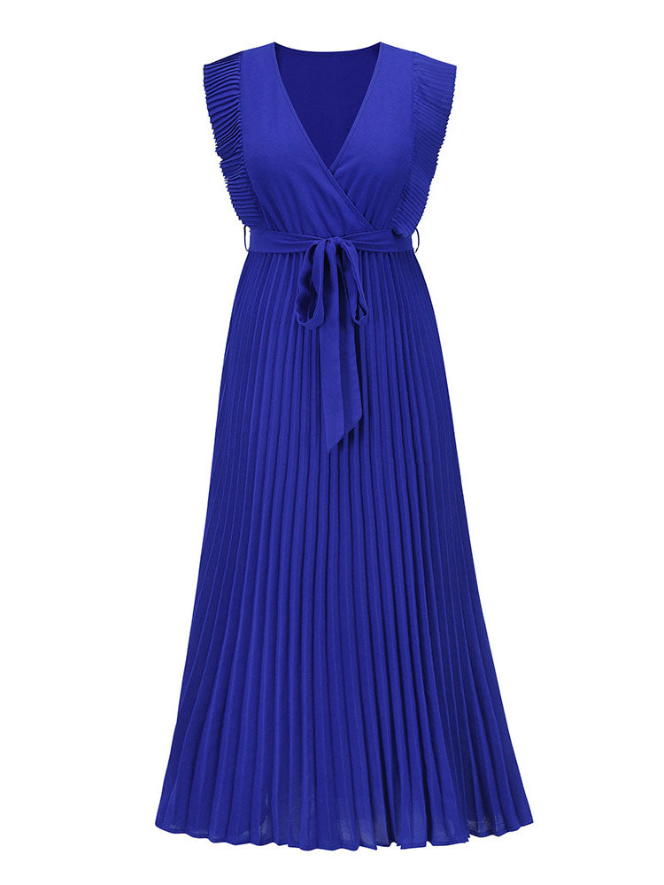 V-neck pleated maxi dress with ruffled trim and belted waist - View 15 | Lwiis