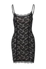 A black lace slip dress with a sweetheart neckline and spaghetti straps, laid flat.