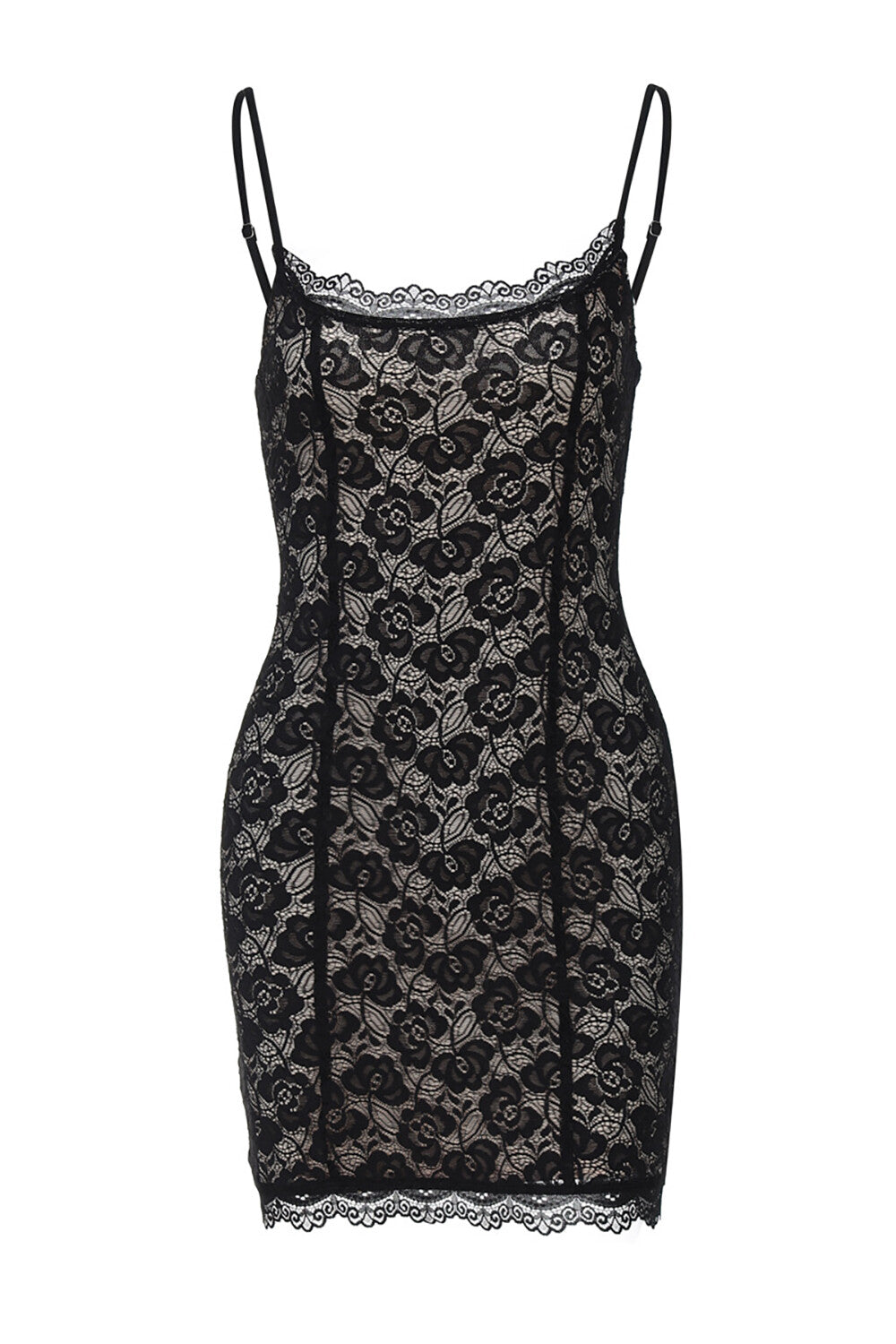 A black lace slip dress with a sweetheart neckline and spaghetti straps, laid flat.