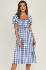 Plaid Midi Dress with Puff Sleeves - View 11 | Lwiis