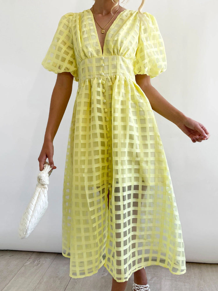Plaid V-Neck Midi Dress - View 21 | Lwiis
