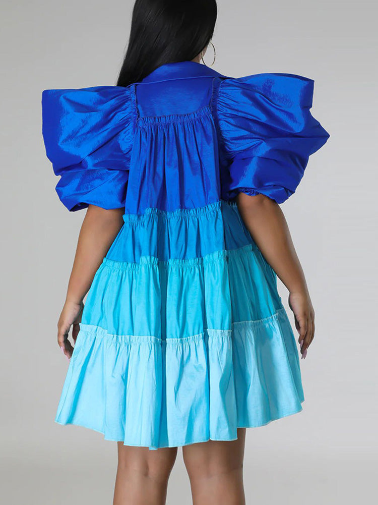 A-line colorblock dress with puff sleeves - View 9 | Lwiis