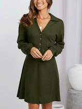 Close-up of the chest and neckline of a woman's olive green waffle knit shirt dress