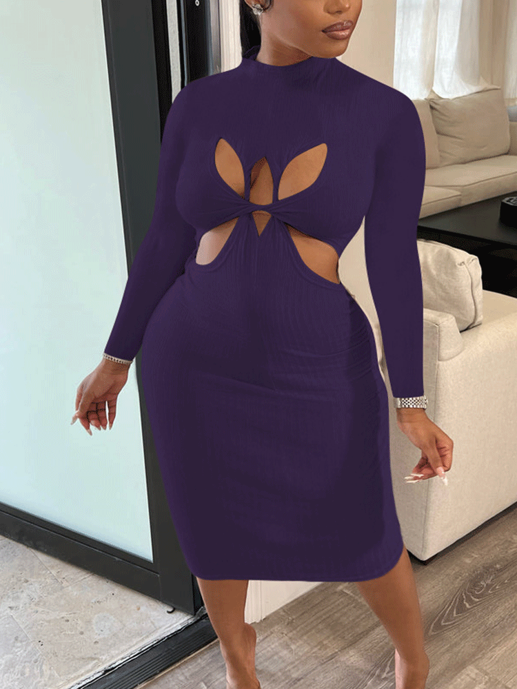 Ribbed knit mock neck midi dress with twist front bodice and cut-out details - View 12 | Lwiis