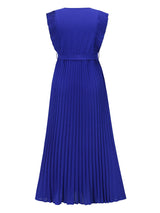 V-neck pleated maxi dress with ruffled trim and belted waist - View 16 | Lwiis