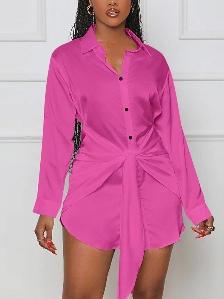 Satin Tie Waist Button Down Shirt Dress - View 12 | Lwiis