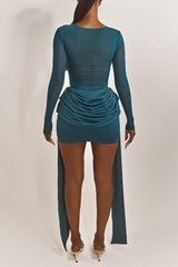 Mesh Patchwork Long Sleeve Ruched Fitted Sash Mini Dresses - Blue Pre Order