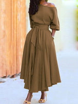 Oblique Neckline Maxi Dress with Belt - View 9 | Lwiis